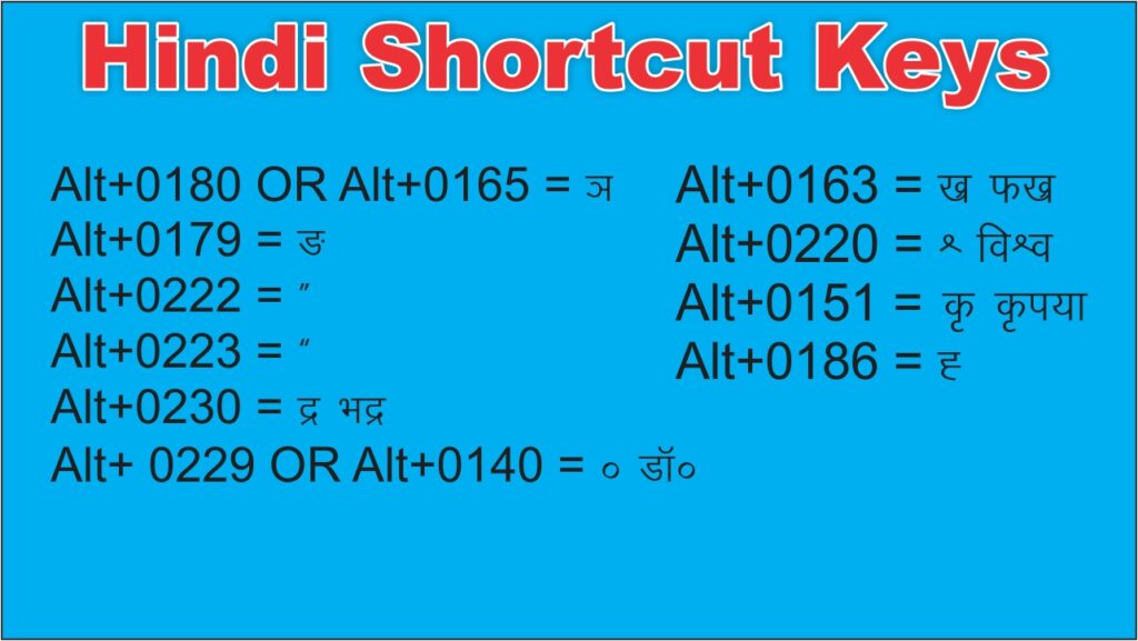 hindi typing shortcut key chart